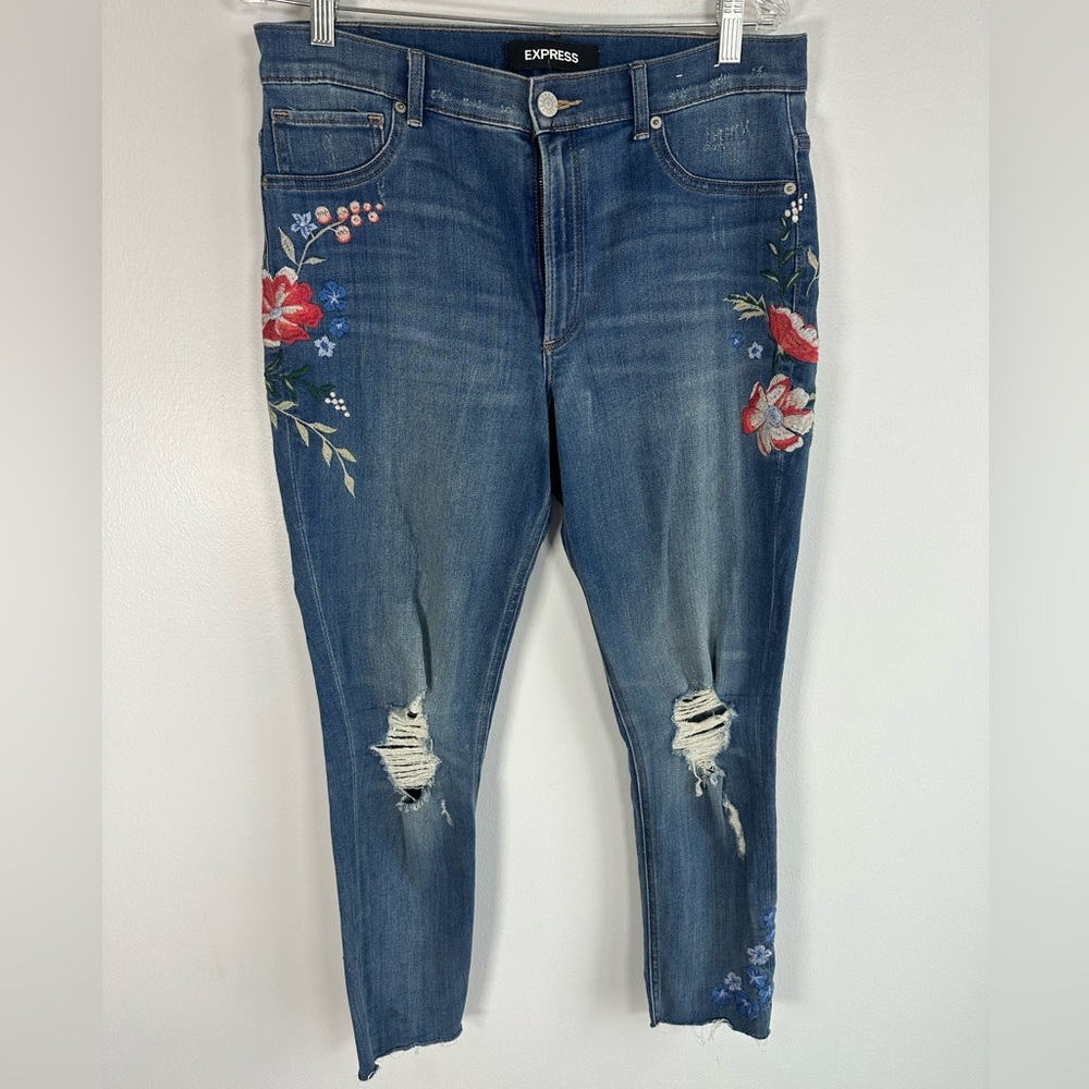 Express Distressed Denim Embroidered High Rise Ankle Legging Size 12R